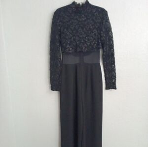 Vtg black jumpsuit wide leg mesh tummy cut out lace top 80s 90s sz M